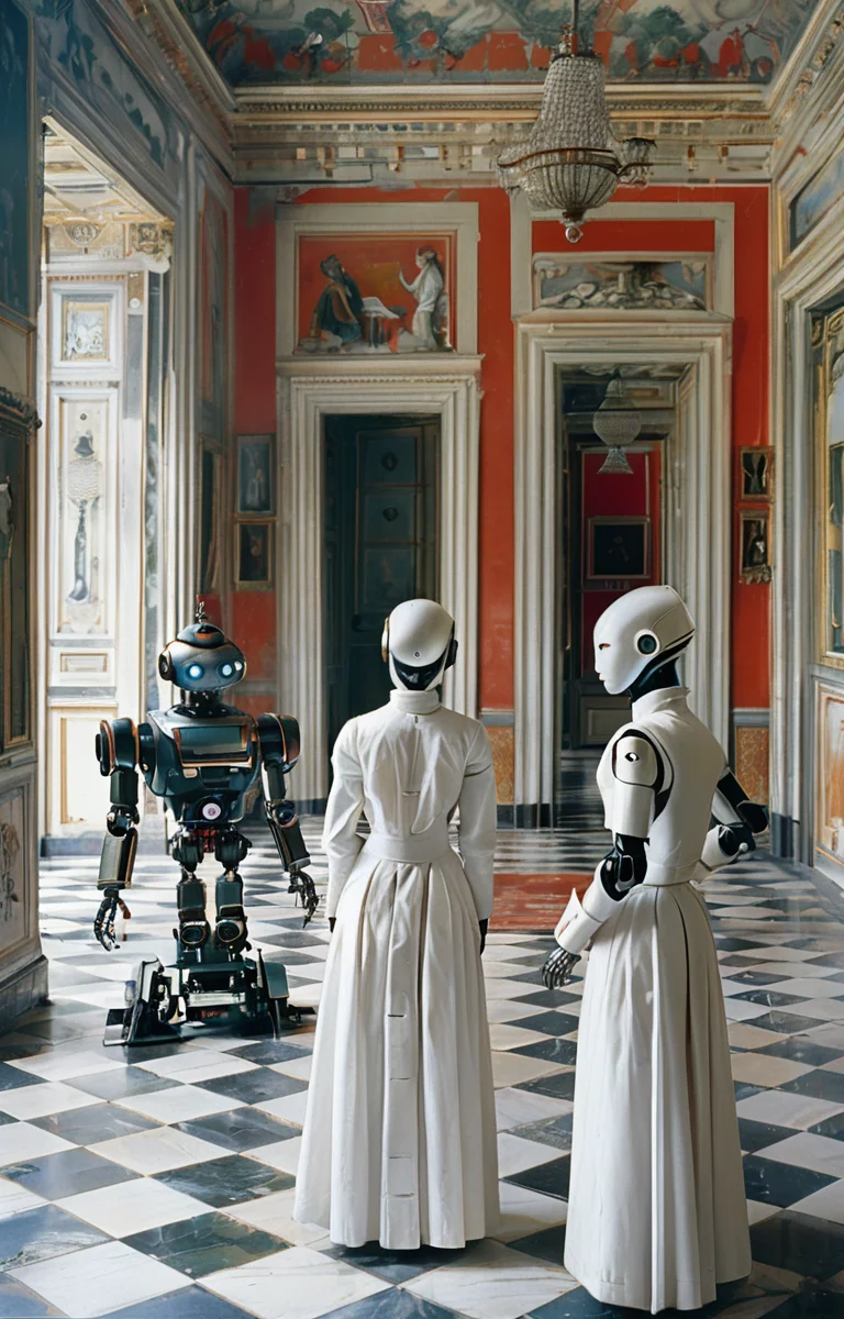 masterpiece,best quality,<lora:tbh365-sdxl:0.8>,illustration,Style of Karen Knorr portrait of Housework robots