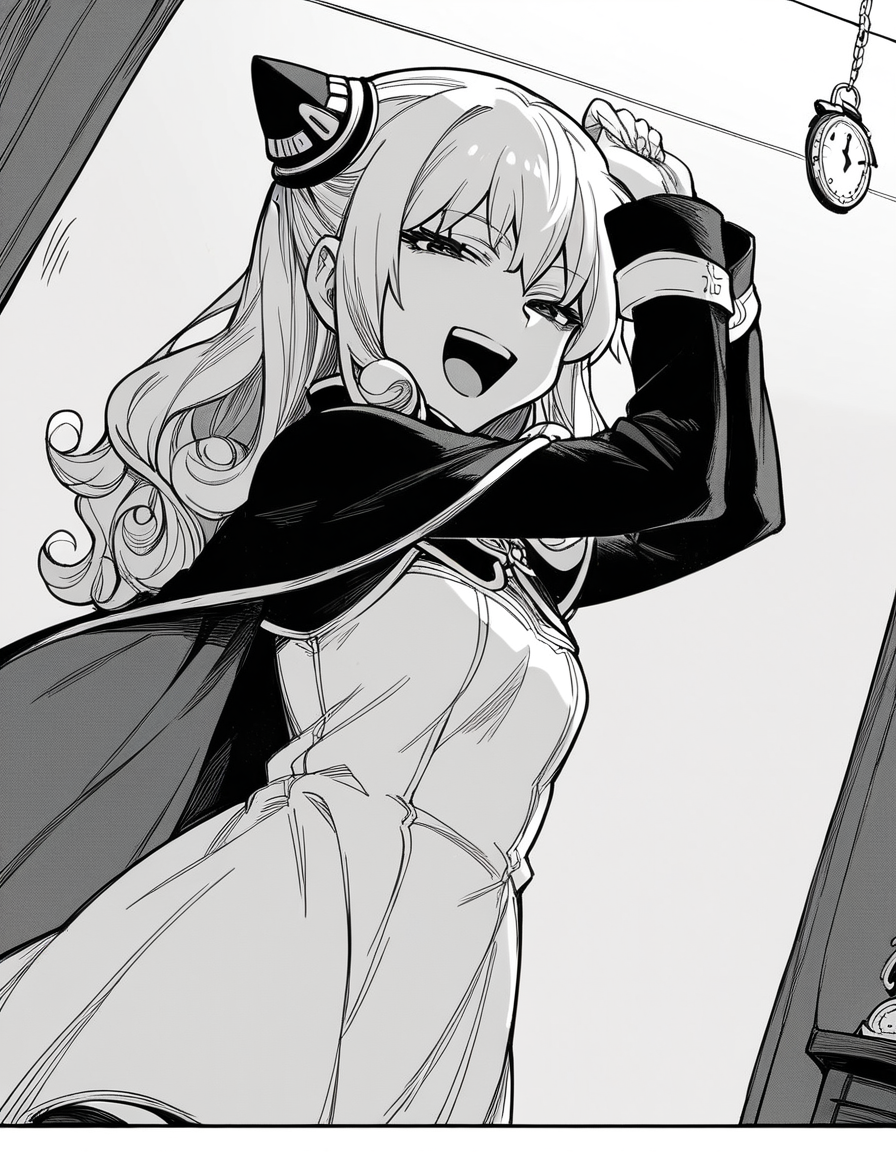 score_9, score_8_up, score_7_up, source_anime, <lora:ashe-talton-manga-ponyxl-lora-nochekaiser:1>, rengoku ashe, long hair, greyscale, monochrome,, thighhighs, long sleeves, capelet, cape, dress, white dress,, bedroom, alarm clock, morning routine, yawning, stretching, smile, looking at viewer, solo,, cowboy shot, dutch angle