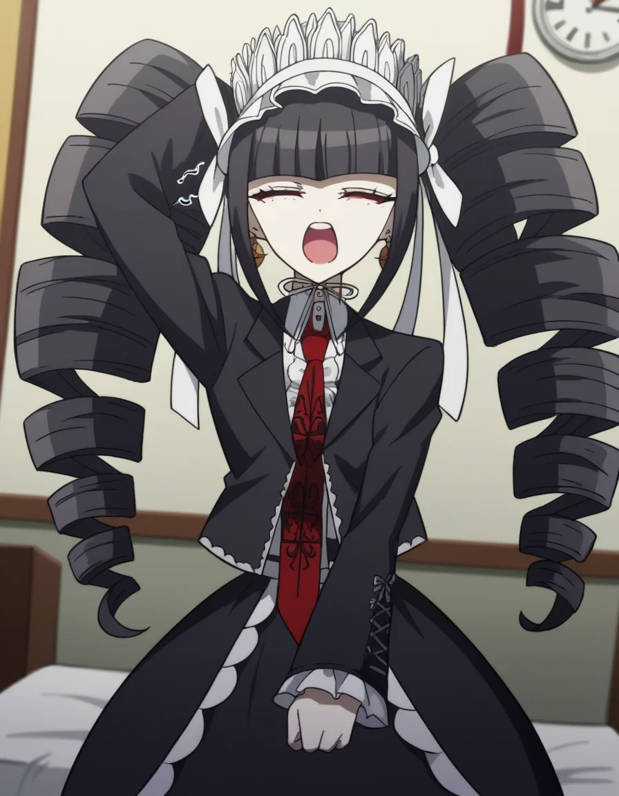 score_9, score_8_up, score_7_up, source_anime, <lora:celestia-ludenberg-s1-ponyxl-lora-nochekaiser:1>, celestia ludenberg, long hair, bangs, black hair, red eyes, long sleeves, twintails, drill hair, twin drills,, skirt, shirt, black hair, long sleeves, jewelry, jacket, earrings, frills, necktie, black skirt, black jacket, red necktie, bonnet, print necktie,, bedroom, alarm clock, morning routine, yawning, stretching, on bed,, smile, , arm flexed showing muscle, solo,, cowboy shot, dutch angle