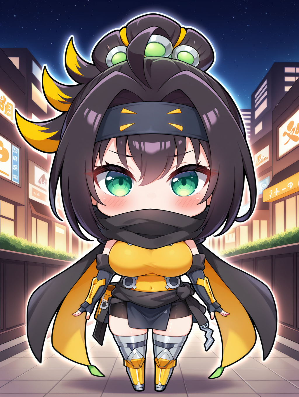 (chibi:1.2, solo,  ),sp little knight,yellow sleeveless shirt,black forehead protector,black fingerless elbow gloves,yellow thigh boots,silver hair ornament,1girl,large breasts,blush,looking at viewer,covered mouth,black scarf,black gym shorts,black waist sash,cityscape,full body,yellow thigh boots,night sky,
masterpiece,best quality,amazing quality,very aesthetic,absurdres,newest,<lora:Sp Little Knight & S-Force Rappa Chiyomaru illusXL v1.1:0.75>,