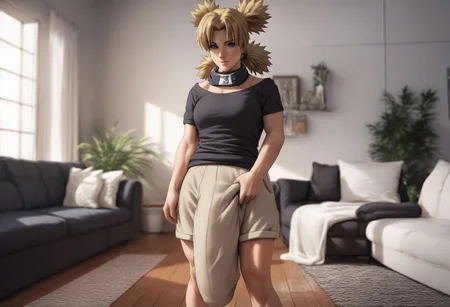 score_9, score_8_up, score_7_up, score_6_up, score_5_up, score_4_up, 1futa,hyper muscular tall futa,living room,standing,brown woman,grey t-shirt,checked lounge shorts,hyper bulged crotch,erceted crotch ,pumped veins,veiny arms,grabing crotch,tr, blonde hair, quad tails, blue eyes,ytemari, 1girl, blonde hair, quad tails, blue eyes