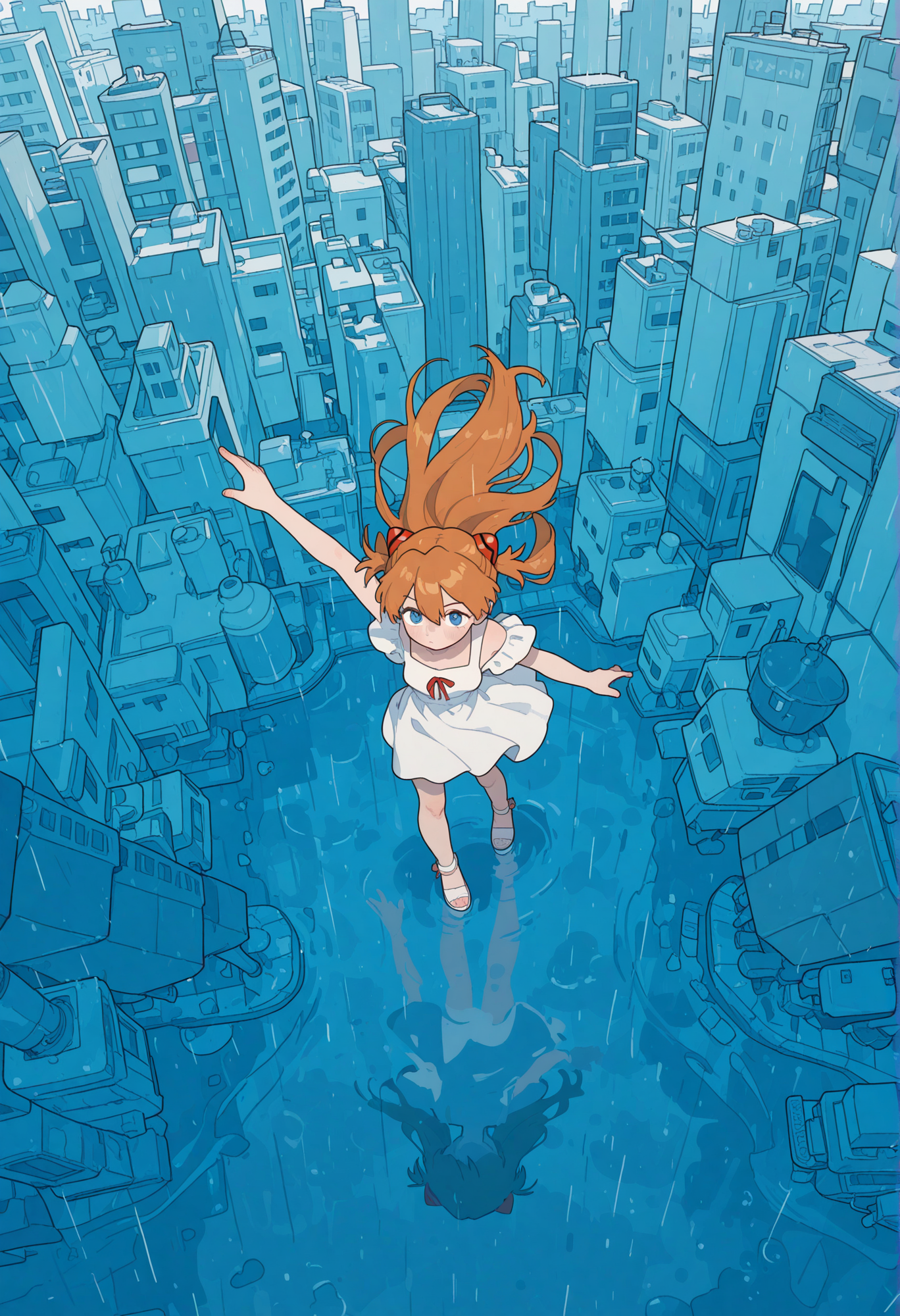 very awa, (flat color:0.9), (opossumachine:0.8), 1girl, souryuu asuka langley, white dress, day, cityscape, rain, from above, [masterpiece:0.15], [best quality:0.15], [newest:0.15], [absurdres:0.15],