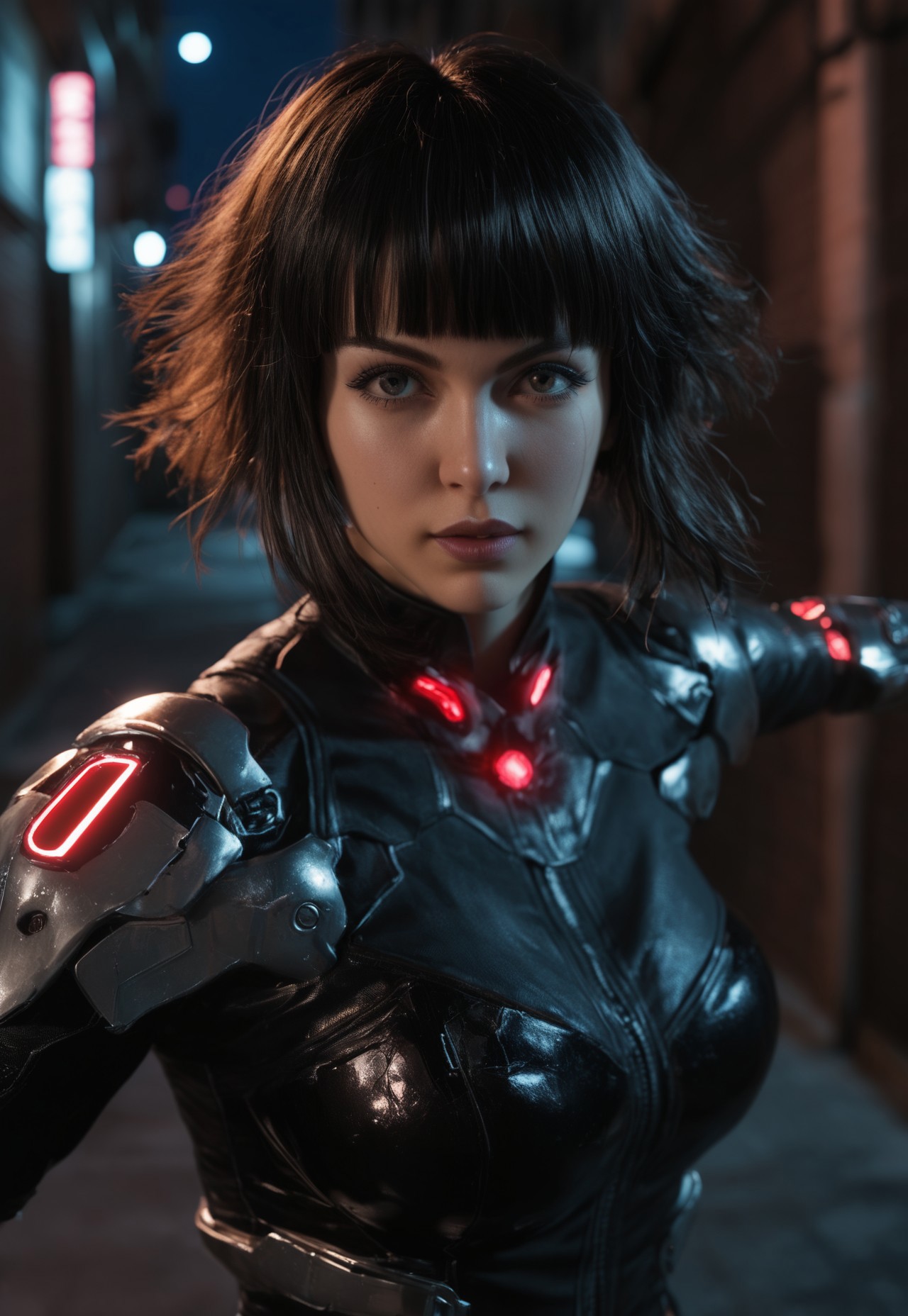 A cosplay girl big boobs wearing cyborg costume in a cyberpunk city alley at night, Cyber-Samuraji, high action pose, highly detailed, reflective armor, shadows
(((((upper body))))), dynamic pose
 <lora:Dynamic Poses:1>
 <lora:detailed_notrigger:1>
(((full clothed)))