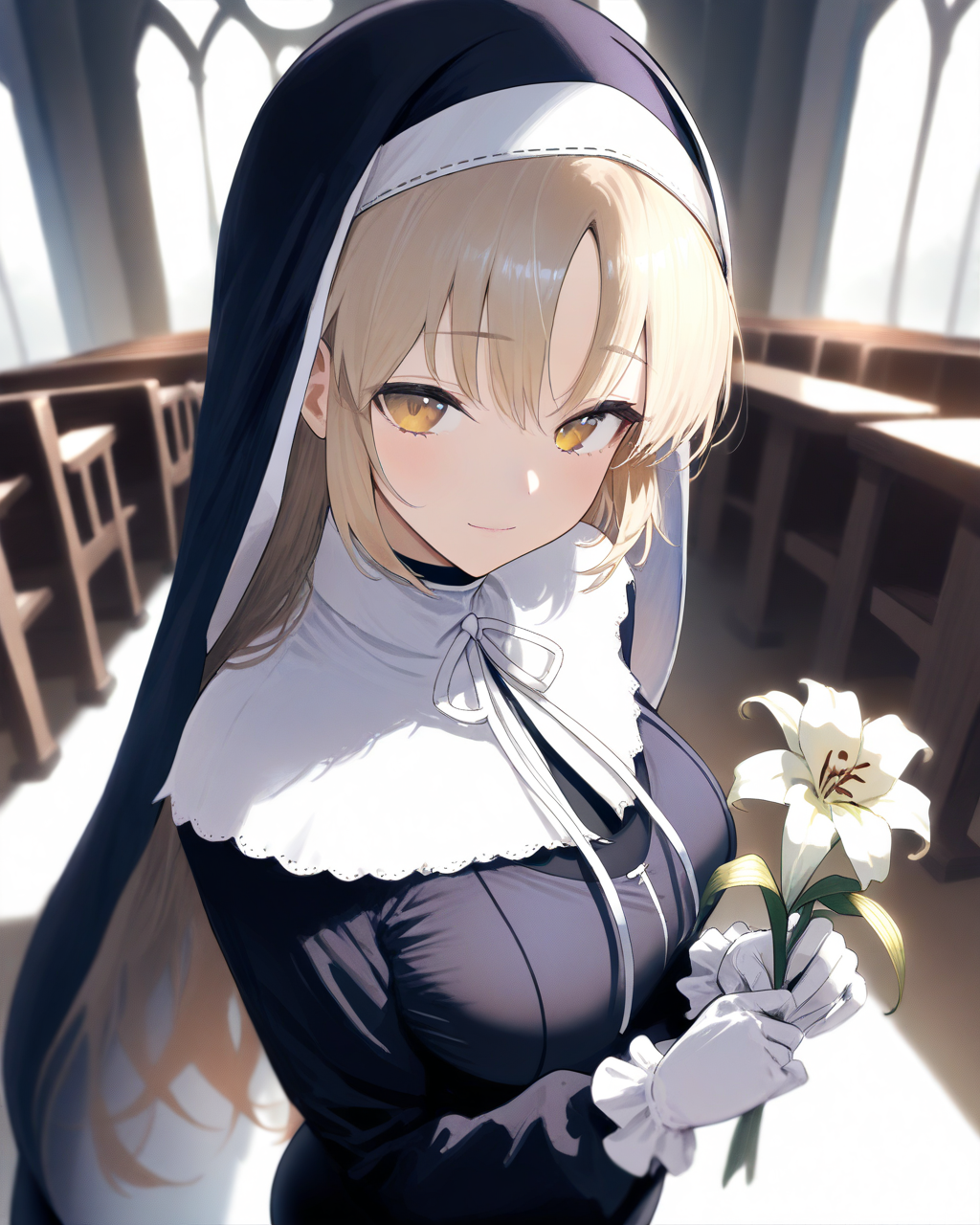 1girl,
SisterClaireNijisanji,
safe, perspective, from above, upper body,
nun, light smile,
breasts, white gloves, holding, white lily,
soft lighting, church,
depth of field,
<lora:kp_SisterClaireNijisanji1stCostumeAnimagineXL_v1_1:1.0>,
masterpiece, high score, great score, absurdres