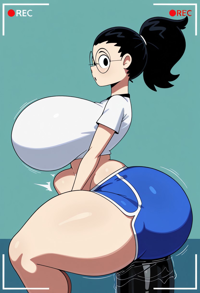 ,white shirt,blue shorts,side view
black hair,ponytail,round glasses,
huge breast,huge hips,full bodu view,small waist
front view,looking at viewer,sitting on a dildo,huge giant dildo,dildo penetration,stomach bulge,recording