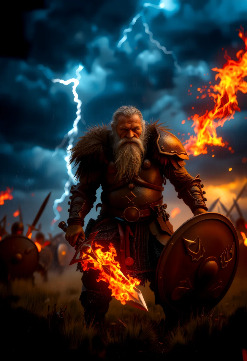 In a storm-wracked twilight, a grizzled Viking-punk warrior stands tall amidst the chaos of battle. The sky, heavy with clouds, casts an ominous gloom, while the rain-soaked battlefield becomes a treacherous quagmire. The warrior, clad in fiery lava armor, wields a blazing sword, its flames mirroring the lightning that tears through the sky. The air vibrates with the sounds of clashing swords and shields, creating shockwaves that reverberate through the land. Torrents of rain transform the once-green landscape into a muddy battlefield. The old Viking's weathered face, illuminated by lightning flashes, reveals a determination that matches the storm's fury. This scene, with its dramatic lighting and intense action, captures the warrior's unwavering resolve, leaving viewers enthralled by the clash of elements and the ancient warrior's indomitable spirit. <lora:flux/Realism 2>, realistic, realism, <lora:fantasy_portrait_by_cosmic>, <lora:RM_Fantastify_v0.7M.safetensors:1.0>,