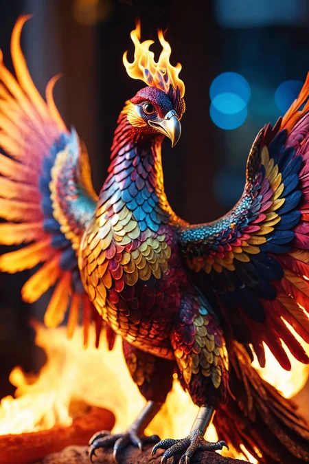 portrait, masterpiece, 4k, ray tracing, intricate details, highly-detailed, hyper-realistic, 8k RAW Editorial Photo.
a mythical phoenix rising from flames, its feathers ablaze with vibrant colors and intricate patterns.
cinematic light, dramatic light, shallow depth of field, high budget, bokeh, cinemascope, film grain,