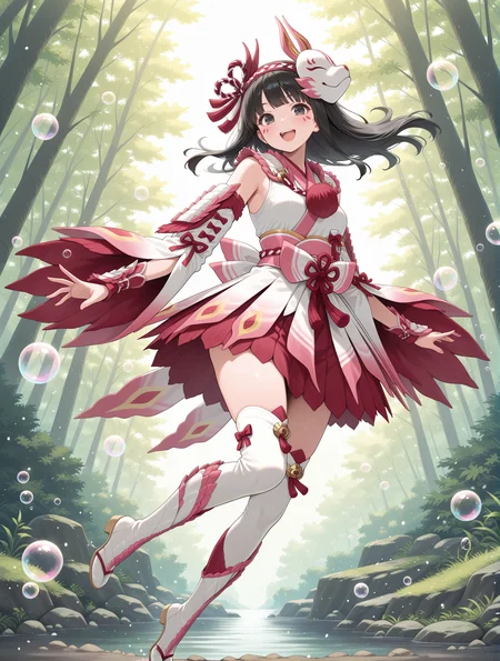 mizutsune gunner armor,1girl,solo,open mouth,smile,black eyes,full body,:d,floating hair,medium hair,black hair,long hair,looking at viewer,pink facial mark,pink hairband,white kimono dress,pink sash bow,white detached sleeves,white vambraces,white thigh boots,forest,bubble,
masterpiece,best quality,amazing quality,very aesthetic,absurdres,newest,<lora:Mizutsune Armor Beta illuXL v1:0.7>,