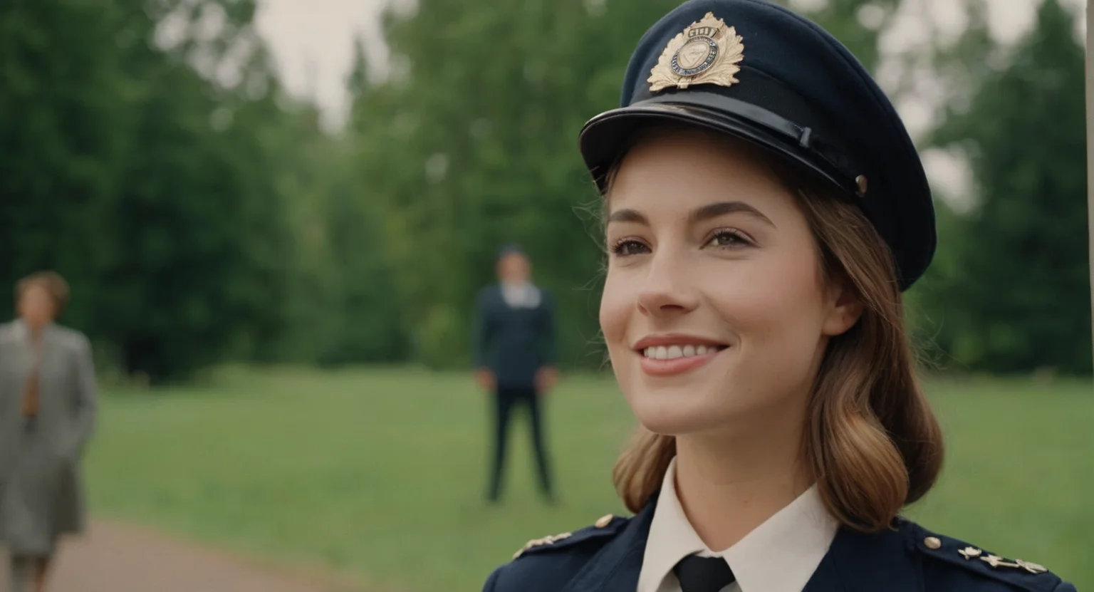 cinematic film still of <lora:Retro:1> Grainy Cinematic Film stock footage in (arri alexa style) Kodak film print, a woman in a uniform smiling for a picture retro style, shallow depth of field, vignette, highly detailed, high budget, bokeh, cinemascope, moody, epic, gorgeous, film grain, grainy