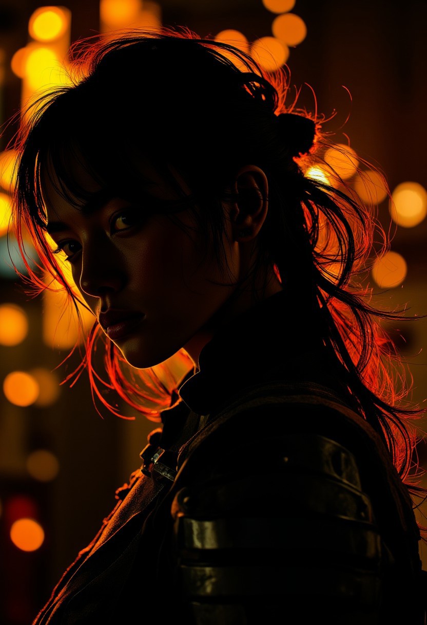 mwv7_alpha_v01, Silhouette Art, magnificent. ethereal female warrior, long hair, bangs, armour, closeup portrait, orange and black fiery background