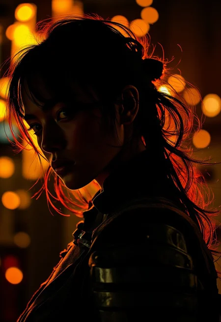 mwv7_alpha_v01, Silhouette Art, magnificent. ethereal female warrior, long hair, bangs, armour, closeup portrait, orange and black fiery background