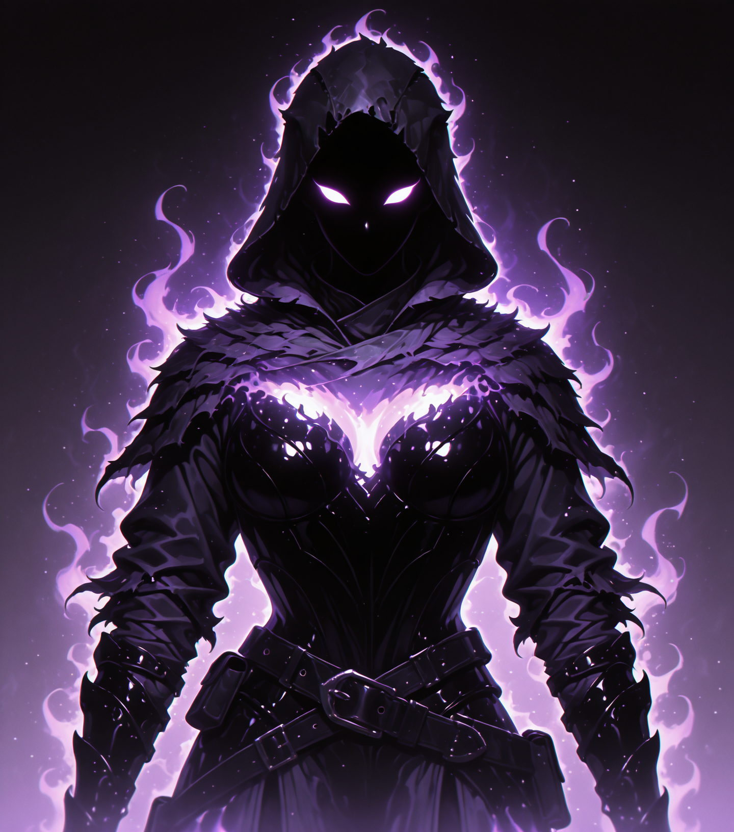 <lora:Shadows_v2_Buns:0.65> sh4d0w, purple aura, glowing, solo, Rogue, wearing Leather armor, hooded cloaks, masterpiece, best quality, amazing quality