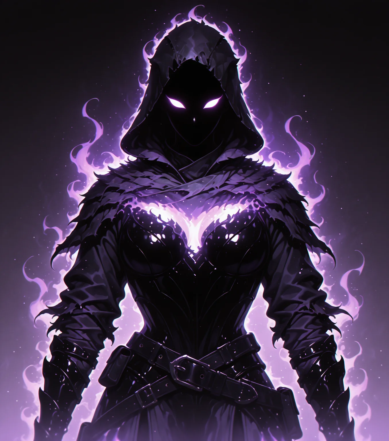 <lora:Shadows_v2_Buns:0.65> sh4d0w, purple aura, glowing, solo, Rogue, wearing Leather armor, hooded cloaks, masterpiece, best quality, amazing quality