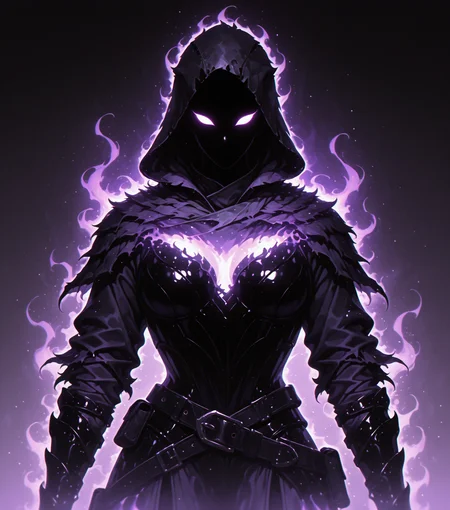 <lora:Shadows_v2_Buns:0.65> sh4d0w, purple aura, glowing, solo, Rogue, wearing Leather armor, hooded cloaks, masterpiece, best quality, amazing quality