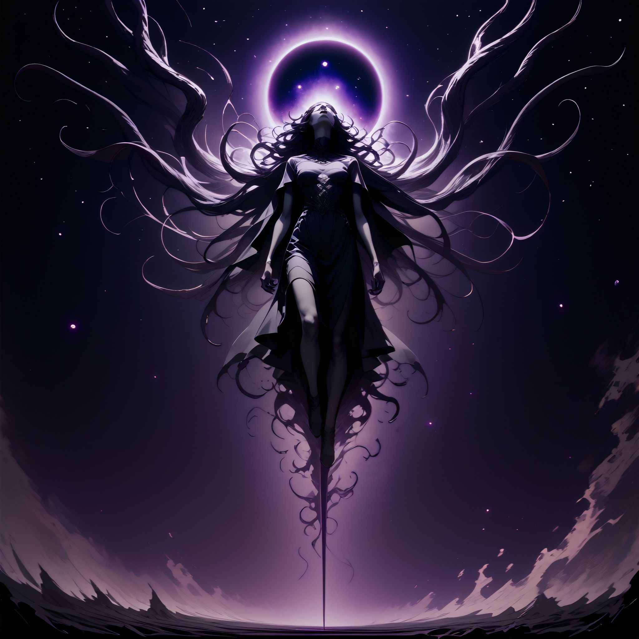 (score_9, score_8_up, score_7_up, ), (thick lineart, sharp edges, cel shading, linear hatching, black) BREAK galaxy, lone cosmic space, dark cosmic void, grim, dark, cthulhu mythos, endless void BREAK front_view , from side, full body, 1women, female fous, cosmic cthulhu goddess, flying, floating, suspended in the dark, drifting weightless, dark cosmic horror, dark green skin, <lora:Bad_Hands_lora:0.8> <lora:unholy:1>