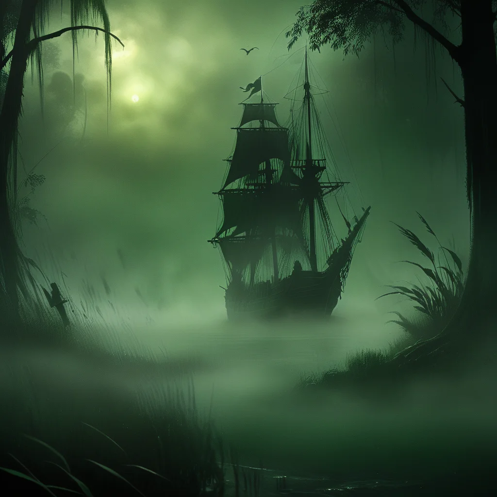ArsGreenMistWorld,A pirate ship is hidden in the fog, surrounded by tall grass and misty swamp. The scene captures an eerie atmosphere with dark green tones. A ghostly figure floats above the deck of another large sailing vessel visible through the dense smoke. In the background, there's an ominous silhouette of trees. This concept art style evokes horror and suspense.
. <lora:ArsMorph_-_World_of_Green_Mist:1>
