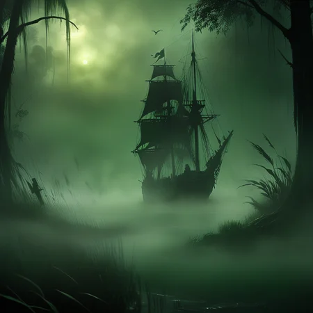 ArsGreenMistWorld,A pirate ship is hidden in the fog, surrounded by tall grass and misty swamp. The scene captures an eerie atmosphere with dark green tones. A ghostly figure floats above the deck of another large sailing vessel visible through the dense smoke. In the background, there's an ominous silhouette of trees. This concept art style evokes horror and suspense.
.  <lora:ArsMorph_-_World_of_Green_Mist:1>