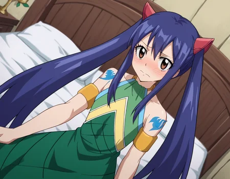 score_9, score_8_up, score_7_up, source_anime,
wendymarvell, <lora:wendy-marvell-s7-ponyxl-lora-nochekaiser:1>
wendy marvell, long hair, hair ornament, twintails, brown eyes, blue hair,
bare shoulders, tattoo, armlet, dress, green dress,
indoors, bed, bed room, on side, blush, drunk,
looking at viewer, dutch angle, cowboy shot