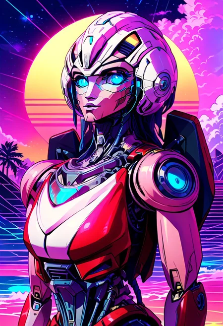 score_9, score_8_up, score_7_up, screencap, detailed eyes, looking at viewer, bust shot, multiple views, perfect face, arceerotb, autobot, 1girl, red and white body, mechanical parts, robot, helmet-like head, robotic face, glowing blue eyes, autobot symbol on forehead, fairing-like chest, wheels on back, narrow waist, synthwave, vaporwave, wave, lasers, sunset, synthwave-galaxy, unique pose, unique angle