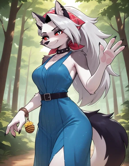 ,furry, animal ears, long snout, wolf girl, tail, furry female, wolf ears, loona, hellhound, claws, red eyes, wolf tail, breasts, medium breasts, (red sclera:0.8), (white eyes:0.8),(4 fingers:1.2), body fur, dress, maxi_dress, Neon Blue dress, belt, gladiator_sandals, charm_bracelet, headscarf, pr0t0k3bab