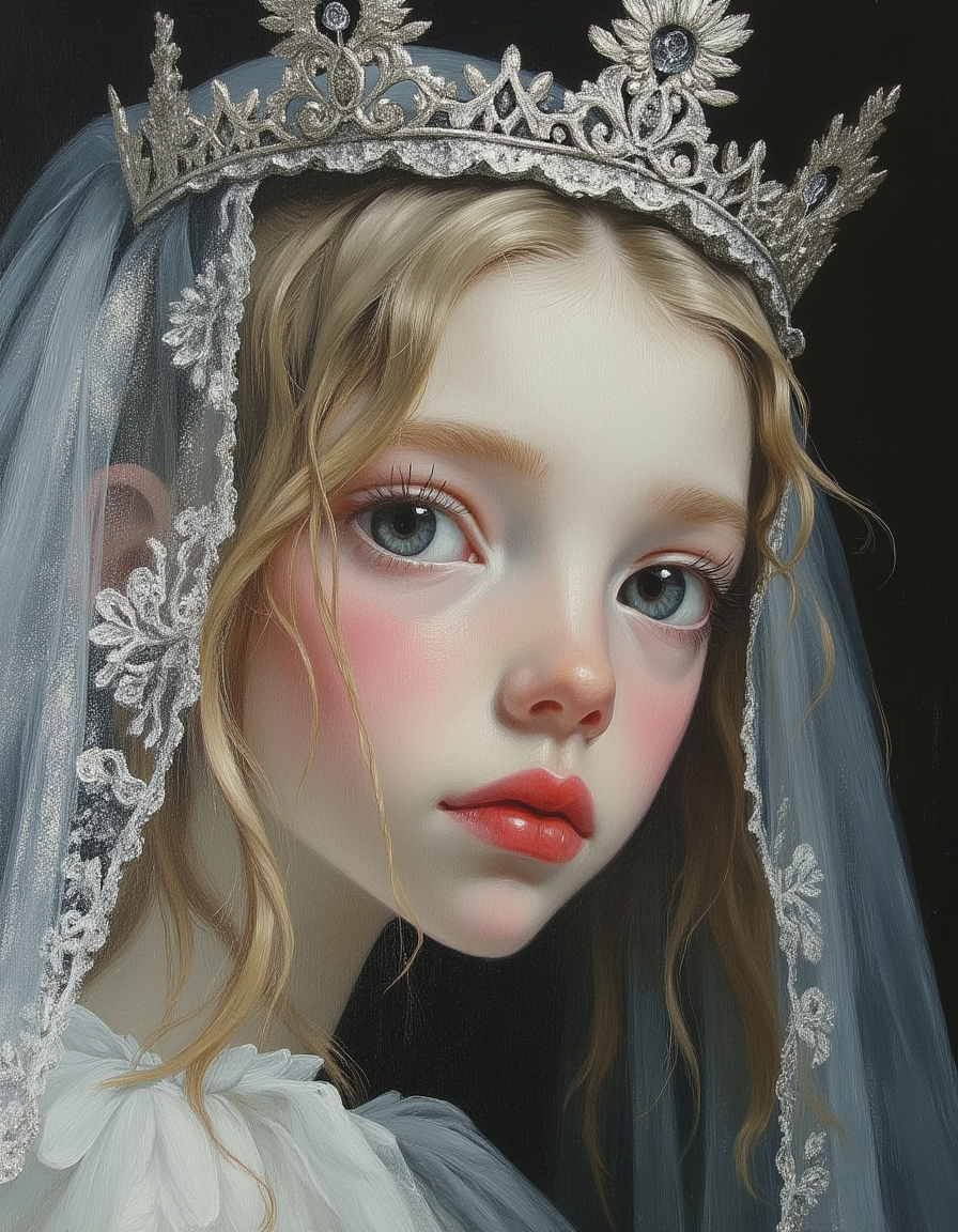 Minimalist painting, close up, of a sad cute skinny teen princess, she has a serene look on her face, cute, serene, innocent and childlike, Her face is a pale, almost translucent white, with lips painted a vivid red. She wears a silver crown. Enchanted blue eyes. blond hair, romantic, white skin, small nose, thin neck, realistic, romantic, Shallow depth of field. The painting shows shadow and light, Masterpiece, intricate lines, skinny and petite body, intriguing atmosphere, sharp magnificent details, delicate features, elaborate details, (2/3 rule composition:0.5), ultra detailed, romantic, Rembrandt lighting, brush stroke, lovely, del1cate_balance style, novuschroma, in the style of Rembrandt. vantablack <lora:style_of_Rembrandt_FLUX_135:.8> <lora:- Flux1 - vanta_black_V2.0:.8> <lora:Delicate_Balance:.3> <lora:neeeg_f1:-1> <lora:113_novuschromaFLX_1:.4>