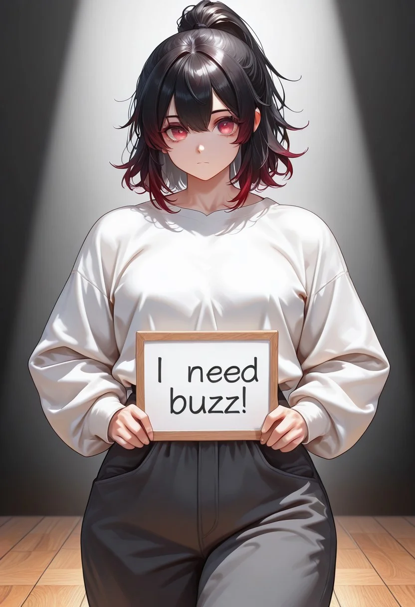 masterpiece, best quality, 1girl, solo, red eyes, red-black hair, black ponytail with red tips, muscular woman, medium hair, thick thighs, standing, upper body visible, mid-length shot, front view, looking at viewer, closed mouth, casual outfit, oversized long-sleeved white shirt, shirt covering hips, loose shirt, cotton fabric, natural folds, dark gray sweatpants, elastic waistband, loose fit, modest clothing, relaxed pose, soft lighting, spotlight, wooden floor, on stage, holding a sign, sign says "I need Buzz"
high definition eyes, detailed eyes, high gradient eyes, eyesHD,