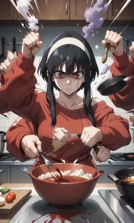 score_9, score_8_up, score_7_up,very aesthetic,
source_anime,best quality, masterpiece, ultra-detailed, high quality,
BREAK
1girl,serious,(cooking:1.1),shaded face,upper body,
<lora:YorForgerXLpony004:0.85>,YorForger,black hair,red eyes,short hair with long locks, white hairband, off shoulder,red sweater,
<lora:rushpunchXLpony002:1> ,rushpunch,punching,(multiple hands:1.2),(fists:1.1),(clenched fists:1.1),(motion_blur:1.2),(motion line:1.1),dynamic cooking,
kitchen,(purple smoke:1.2),(splattered:1.2),(exploding food:1.2),salt ,sauce,(spilled:1.2),frying pan,eggshell,whisk,swirling ,
<lora:intricate_details:1> ,intricate_details_xl,