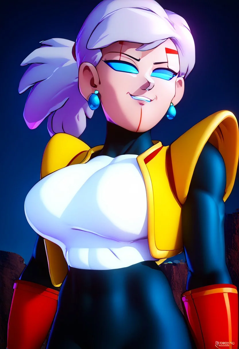 score_9, score_8_up, score_8, -1woman,solo, Mature woman, pants on, markings on face, red markings , fully clothed, eyes all blue, solid blue eyes 4k, High Quality, yellow vest, white top, gray hair female, blue eyes, no inner eye, no pupils, nothing in eyes, blank eyes, tight black bodysuit pants, red eyebrows, red under mouth, blue sclera, no iris , big breasts, big chest, big shoulders, big arms, big legs, big thighs, female wearing a black lycra, vegeta sufurujin jacket, tight-fitting black lycra, sufurujin vegeta outfit, red marking on chin, red marking below mouth,no whites in female's eye, no inner eye on female, one solid eye color, evil smile, evil expression,
-
Davidsm , tied pigtail,
-
, style of akira toriyama, earrings,standing, jewelry,