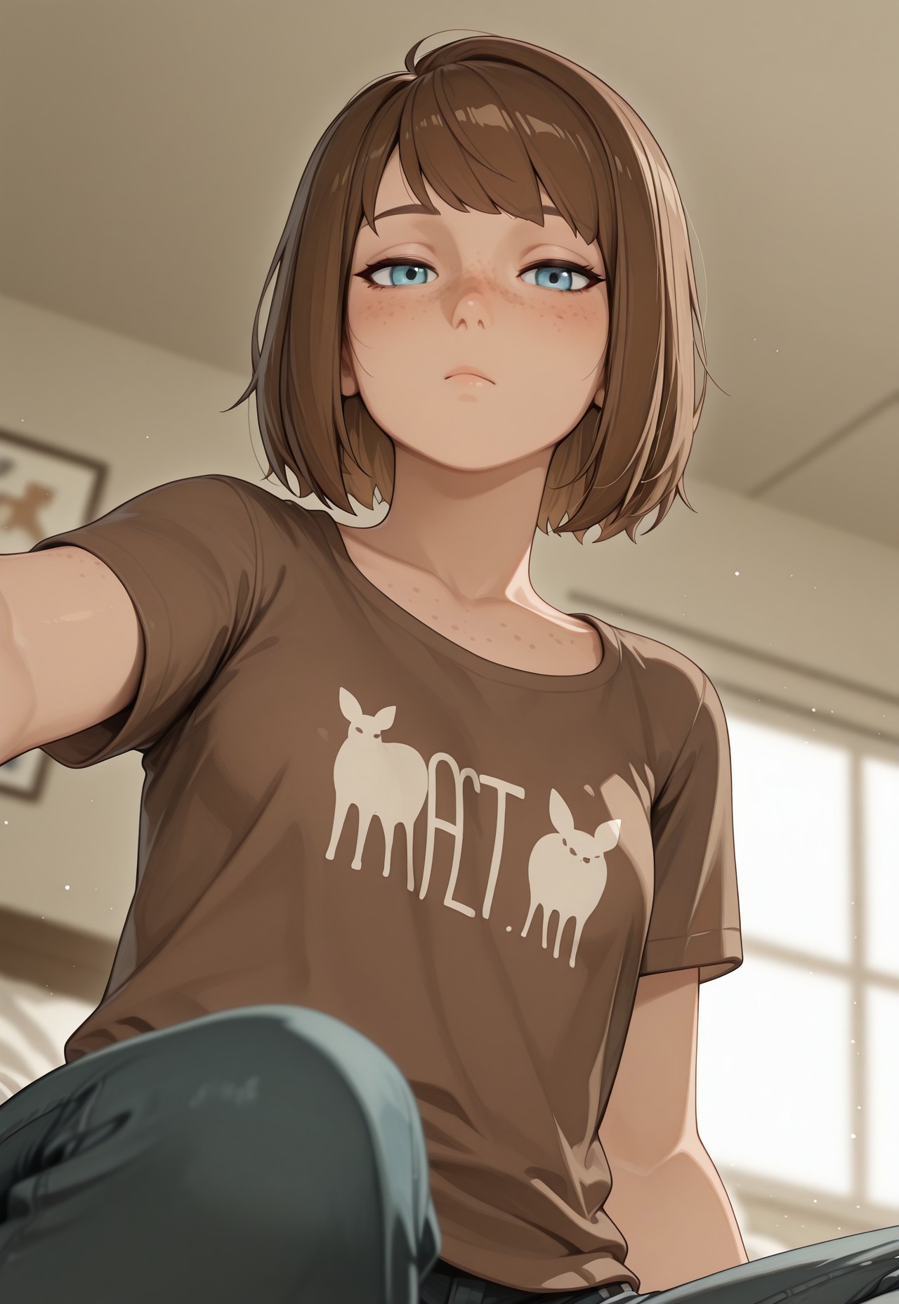 (1girl, maxcaulfieldlis, brown hair, blue eyes, brown shirt,)

bored, sitting, looking at viewer, head tilted, freckles,

light reflecting on skin, shiney skin, sunlight, light beams, dust particles,

bedroom, 

S4bit4mago_illu, anime style, blurred background, dutch angle, from below, close-up,