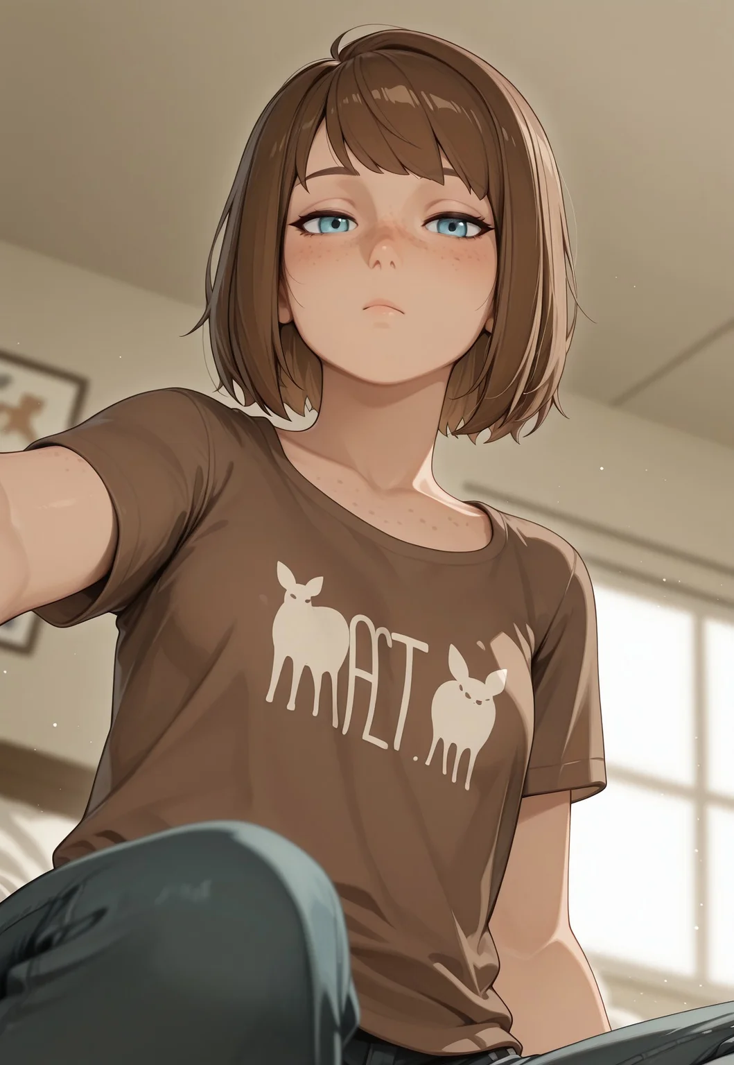 (1girl, maxcaulfieldlis, brown hair, blue eyes, brown shirt,)
bored, sitting, looking at viewer, head tilted, freckles,
light reflecting on skin, shiney skin, sunlight, light beams, dust particles,
bedroom,
S4bit4mago_illu, anime style, blurred background, dutch angle, from below, close-up,