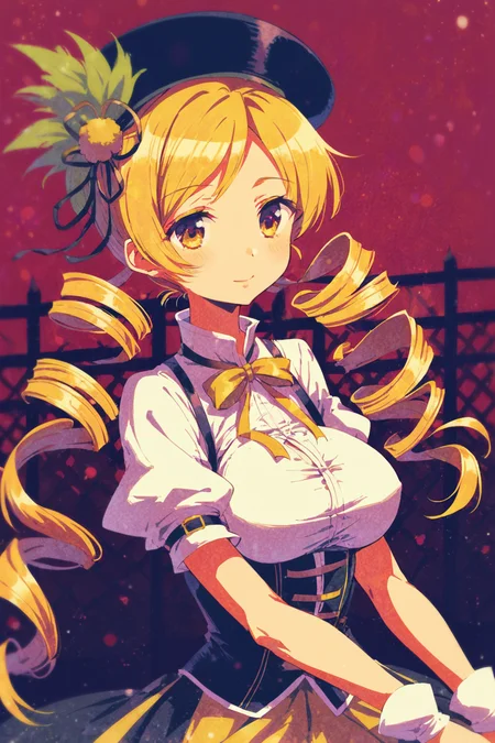score_9, score_8_up, score_7_up, mahou shoujo madoka magica, tomoe mami, tomoe mami \(magical girl\), black hat, blonde hair, breasts, drill hair, hat, large breasts, medium hair, neck ribbon, parted bangs, puffy short sleeves, puffy sleeves, ribbon, shirt, short sleeves, twin drills, white shirt, yellow eyes, yellow trim, solo, solo focus, cowboy shot, limited palette,dark,purple theme,wide shot,red background, Sitting on a bench with arms resting on the backrest, <lora:2024-08-02_13-31-29-save-6615-49-0:1>
