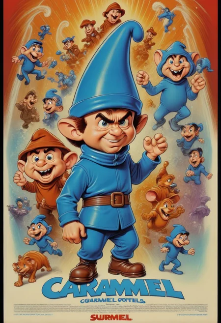 caramel, caramel sauce, (movie poster:3), Gargamel is the main actor of the movie, Realism_Quality_2xx_By_Stable_Yogi, score_9, score_8_up, score_7_up, score_6_up, masterpiece, 32k, high quality, (Movie Poster page:3), (movie"CARAMEL"), fully dressed,  Gargamel, smurf.