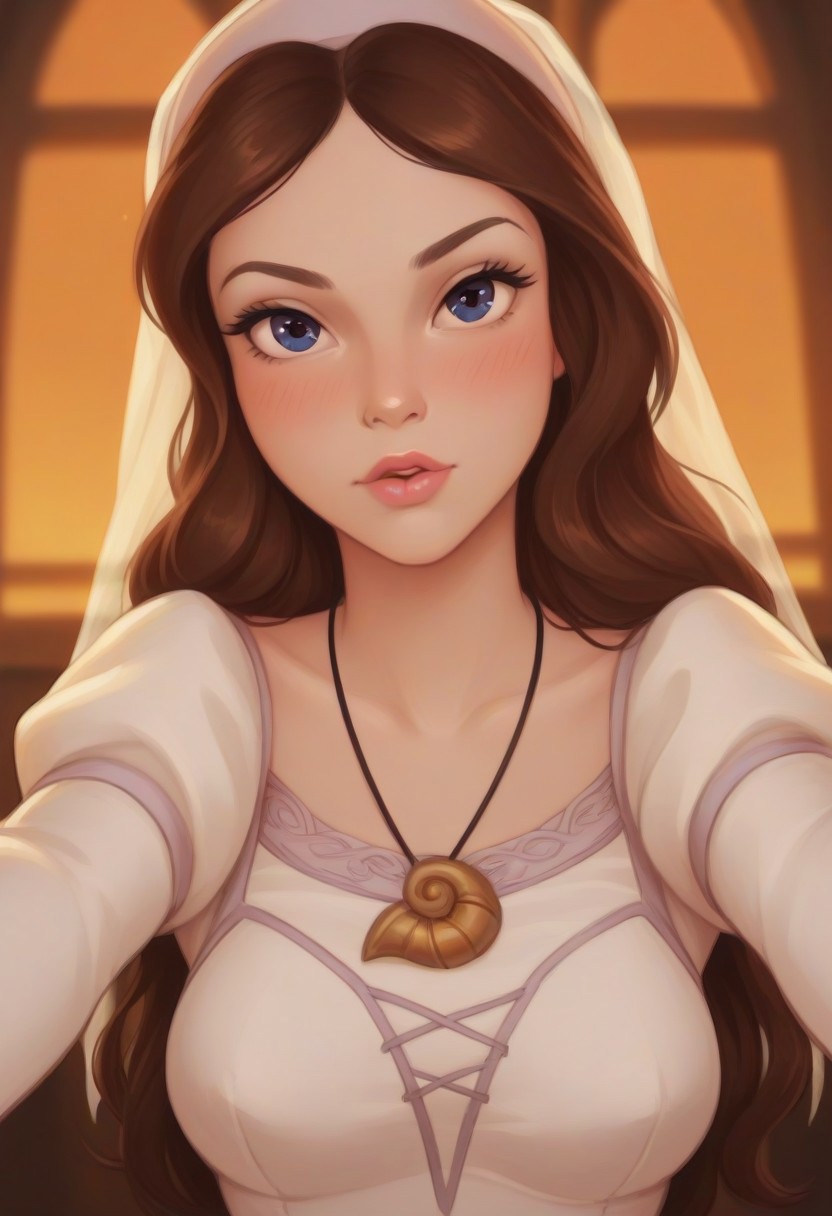 PonyXLV6_Scores, BREAK, zPDXL3, PRSNL4 Style, source_cartoon, very aesthetic, detailed image, detailed face, detailed lighting, best details, perfect anatomy, black outlines, ckwickhams_style
1girl, solo, WeddingDress_Vanessa_ownwaifu, white wedding dress, (indigo eyes, detailed eyes:1.1), brown hair, golden shell necklace, slender, medium breasts, skinny, perfect female form,
old church, medieval monastery, sunset, warm lighting,
pov kiss default, pov, (((kiss, pursing lips))), eyes half close, (hands forward, reaching for viewer:1.1), blush,
standing, wide stance, hip sway, arms relaxed, 
2/3 angle, face focused, (((big close up:1.2)))
cinematic masterpiece,