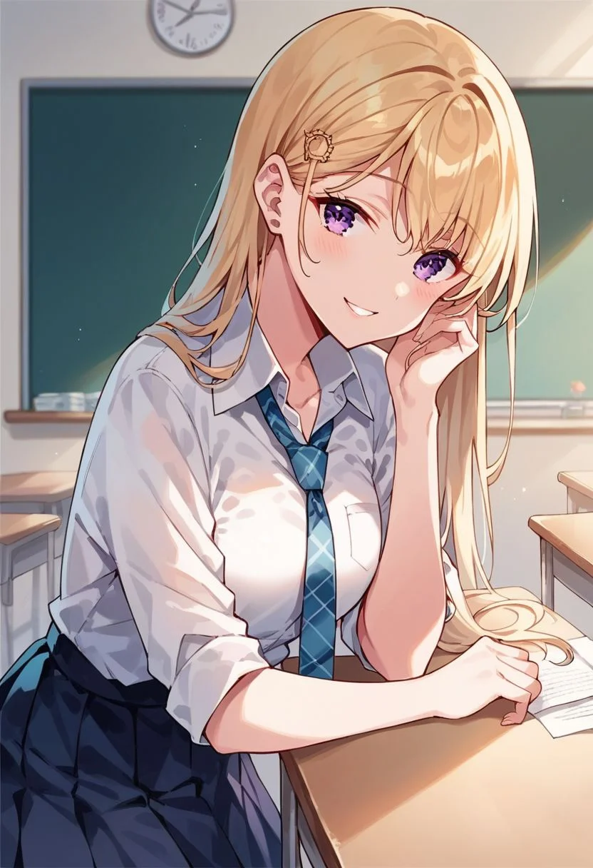score_9, score_8_up, score_7_up, score_6_up, score_5_up, score_4_up,ayase saki, 1girl, necktie, skirt, long hair, blonde hair, purple eyes, solo, smile, hair ornament, classroom, shirt, school uniform, looking at viewer, collared shirt, white shirt