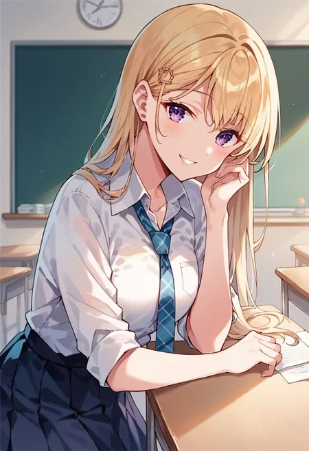 score_9, score_8_up, score_7_up, score_6_up, score_5_up, score_4_up,ayase saki, 1girl, necktie, skirt, long hair, blonde hair, purple eyes, solo, smile, hair ornament, classroom, shirt, school uniform, looking at viewer, collared shirt, white shirt