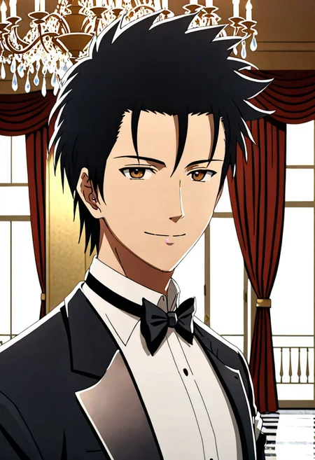 Highres, Masterpiece, High Quality, 4K, 8K, solo, 1Boy, Soujirou Agata, brown eyes, black hair, ballroom, luxury hotel, luxury room, marble floor, crystal chandelier, classic ornaments, tuxedo, smile, musterius, classy, confident, rich, easynegative, detailed_eye_model