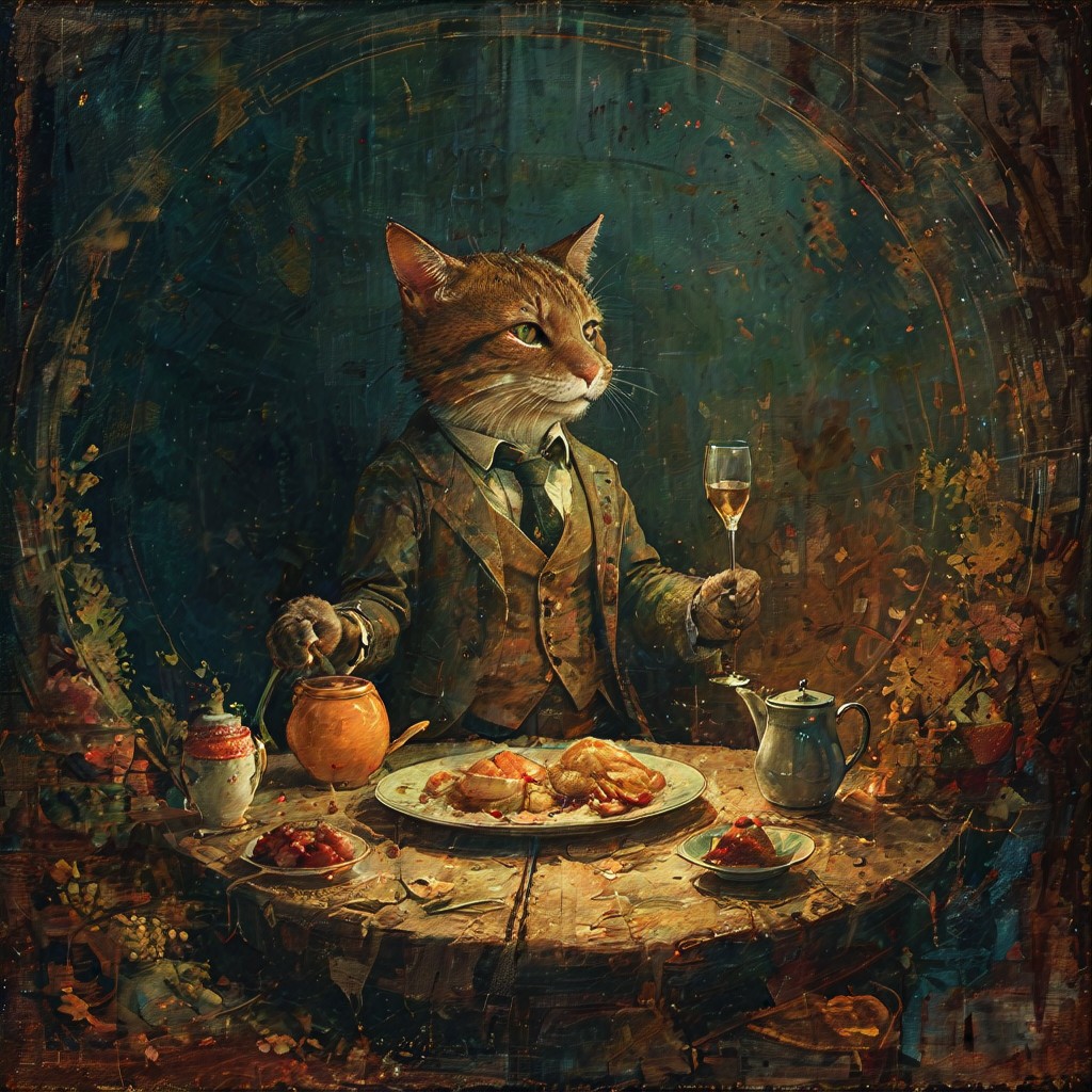 DORIAN an elegant gentleman, ate a hearty breakfast, and watched a Munchkin, who played with Toto and pulled his tail and crowed and laughed in a way that greatly amused Dorothy.  <lora Dreamyvibes Artstyle:0.4>