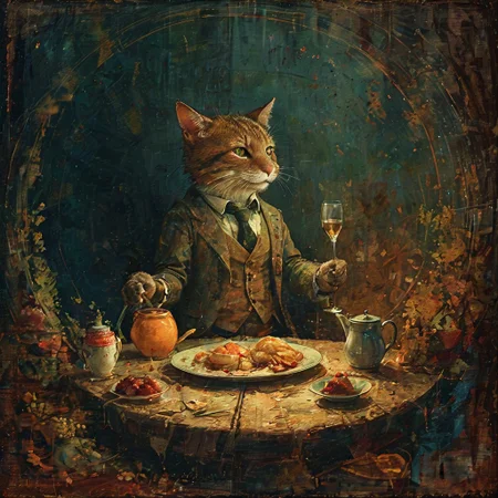 DORIAN an elegant gentleman, ate a hearty breakfast, and watched a Munchkin, who played with Toto and pulled his tail and crowed and laughed in a way that greatly amused Dorothy.  <lora Dreamyvibes Artstyle:0.4>