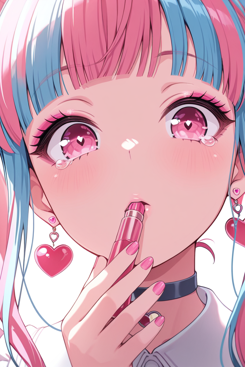 masterpiece, best quality, amazing quality,
 <lora:PAREO_IL:1> pareo, 1girl, heart earrings, earrings, jewelry, solo, blue hair, multicolored hair, pink hair, heart, bangs, pink eyes, looking at viewer, pink nails, choker, holding, portrait, makeup