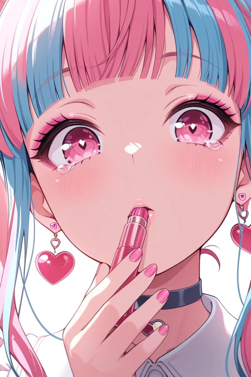 masterpiece, best quality, amazing quality,
 <lora:PAREO_IL:1> pareo, 1girl, heart earrings, earrings, jewelry, solo, blue hair, multicolored hair, pink hair, heart, bangs, pink eyes, looking at viewer, pink nails, choker, holding, portrait, makeup