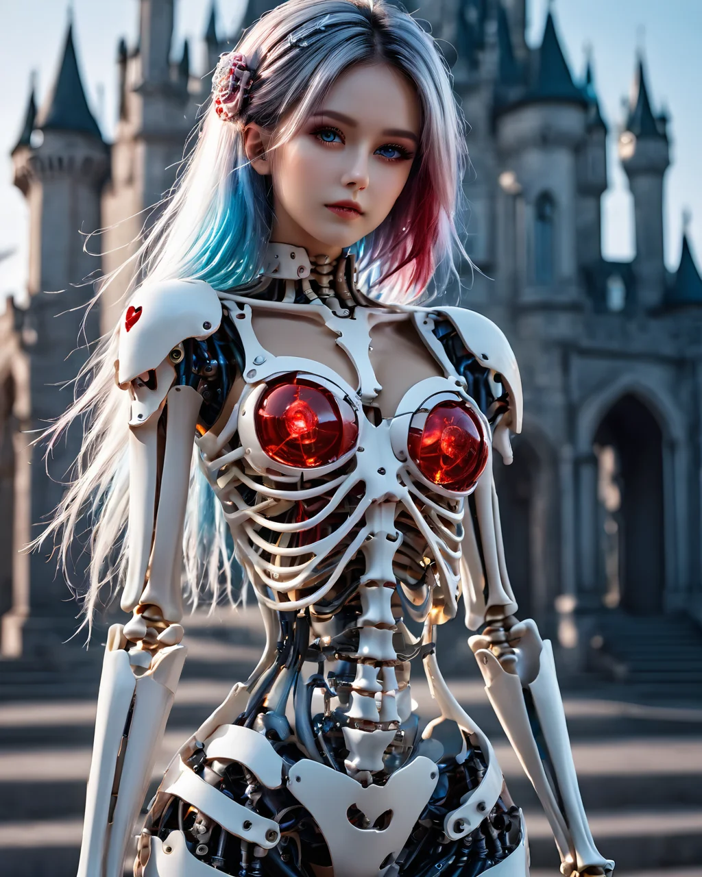 (Dreamscape:1.5),(ethereal:1.5),analog film photo,realistic,a beautiful girl with skeleton body,
small breast,(((detailed anima face))),((beautiful detailed face)),(((gothic, lolita_fashion, gothic_lolita))),
((white hair)),((streaked hair)),
beautiful detailed eyes,(red eyes),
(((detailed castle))),(((high saturation))),((best shadow)),((night,red moon,blood on face,blood on cloths,splash blood)),arms behind back,
mechanical skeleton,<lora:mechanical_skeleton:1>,