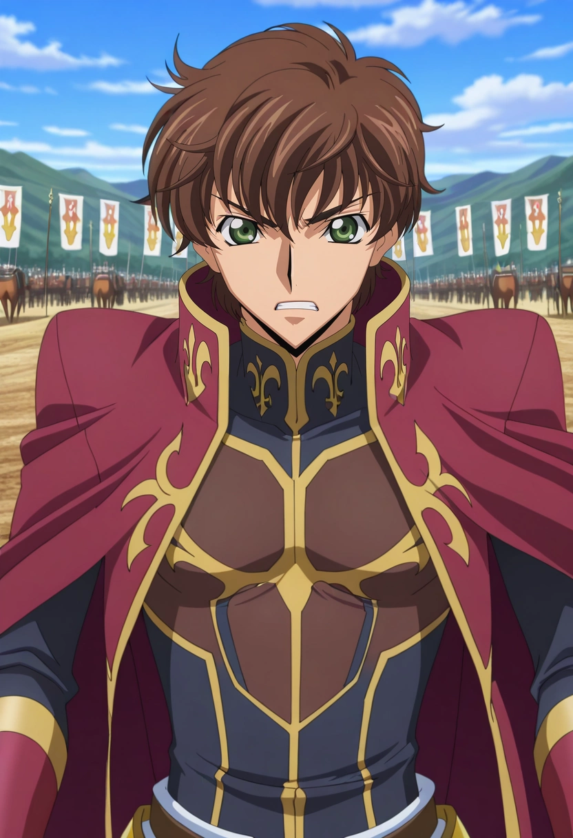masterpiece, best quality, , anime screencap, anime coloring, , looking at viewer, 1boy, solo, male focus, <lora:suzaku_kururugi_ilxl:0.92>, suzaku_kururugi, brown hair, green eyes, , ancient battlefield, clashing armies, raised banners, charging horses, fierce pose, determined expression, dusty horizon,