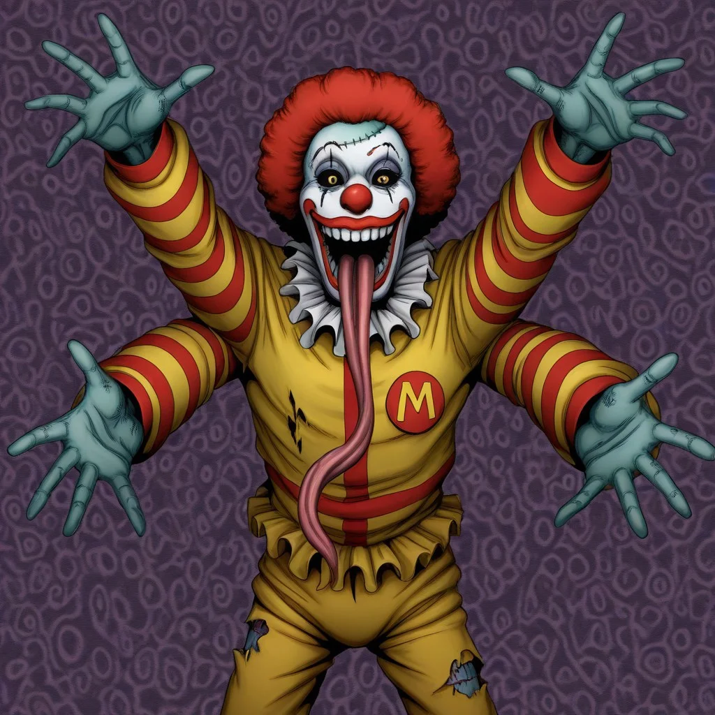 masterpiece, best quality,
1boy, solo,
ronald mcdonald,
monster, open mouth, long tongue, teeth,
spikes, black sclera,
clown, zombie, smile,
looking at viewer, outstretched arms,
torn clothes, stitches,
abstract background,