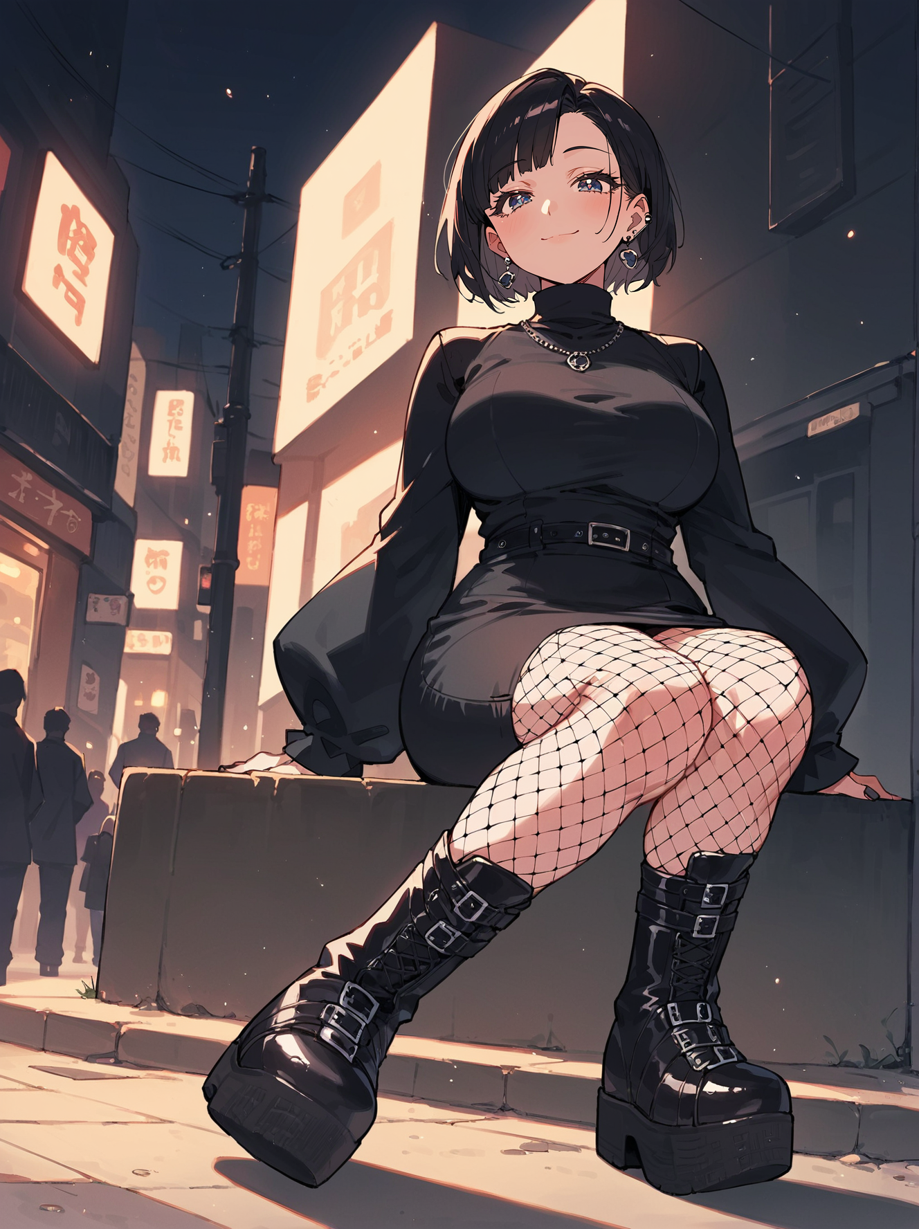score_8_up, score_7_up, score_6_up, source_anime, 1girl, solo, evening, street, moonlight, from below, (shoe focus:1.5), looking at viewer
smile, black hair, mature female
platform boots, black boots,
<lora:platformboots:1>
goth fashion, black skirt, black turtleneck, fishnet stockings