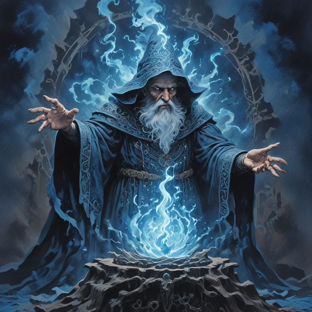 A powerful wizard summoning dark forces of blue and black to power an evil spell, art by Massimilano Frezzato, art by kev walker, art by Matisse, detailed, realistic lighting, amazing breathtaking details, evoKevWalker,