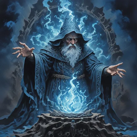 A powerful wizard summoning dark forces of blue and black to power an evil spell, art by Massimilano Frezzato, art by kev walker, art by Matisse, detailed, realistic lighting, amazing breathtaking details, evoKevWalker,