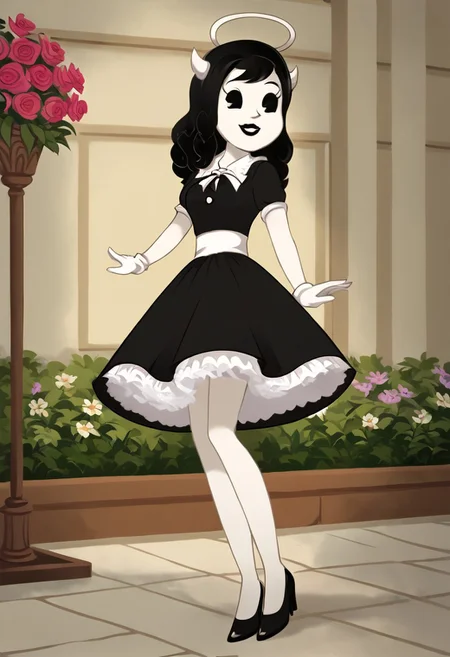(Masterpiece, best quality:1.2), score_9, score_8_up, flat color, flat shading, soft shading, lighting, Alice Angel in a 1950's dress with a button down top, a fluffy frilly ruffled full petticoat, and high heels, dress, layered petticoat, frilly petticoat, fluffy petticoat, full petticoat, wide dress, flowing dress, solid colored skirt, short sleeves, black hair, Bendy and The Ink Machine, series accurate, cute, best high quality, high res, black lips, white colored skin, whole body shot, 1girl, solo, outside, standing straight, in a garden, cute, adorable, smile, low angle upskirt shot, cartoon, cartoon style, vector, solo, circle dress, 1950s, alice angel