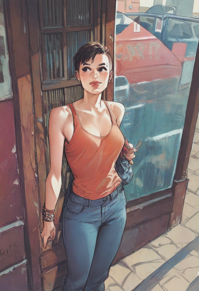 source_cartoon, score_9, score_8_up, score_7_up, 1girl, solo, Pretending to hold a fish by its tail, from above, cut-in, rating_safe, <lora:sdxl\pony diffusion\artist_styles\horacio_altuna_pony:1.0>