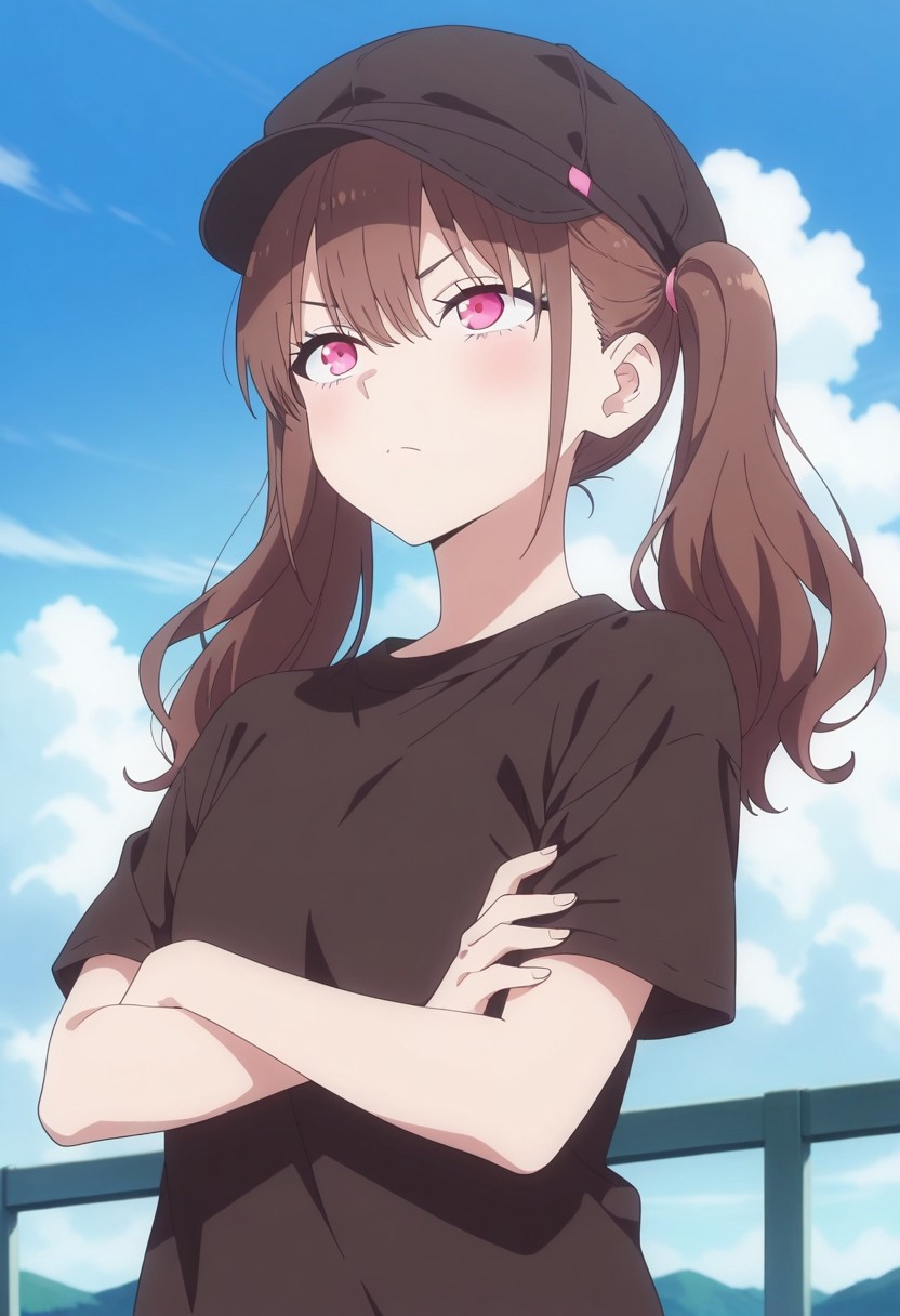 masterpiece,best quality,amazing quality, tachibana mikari, long hair, brown hair, pink eyes, 1girl, hat, solo, crossed arms, shirt, twintails, sky, cloud, black headwear, blue sky, outdoors, day