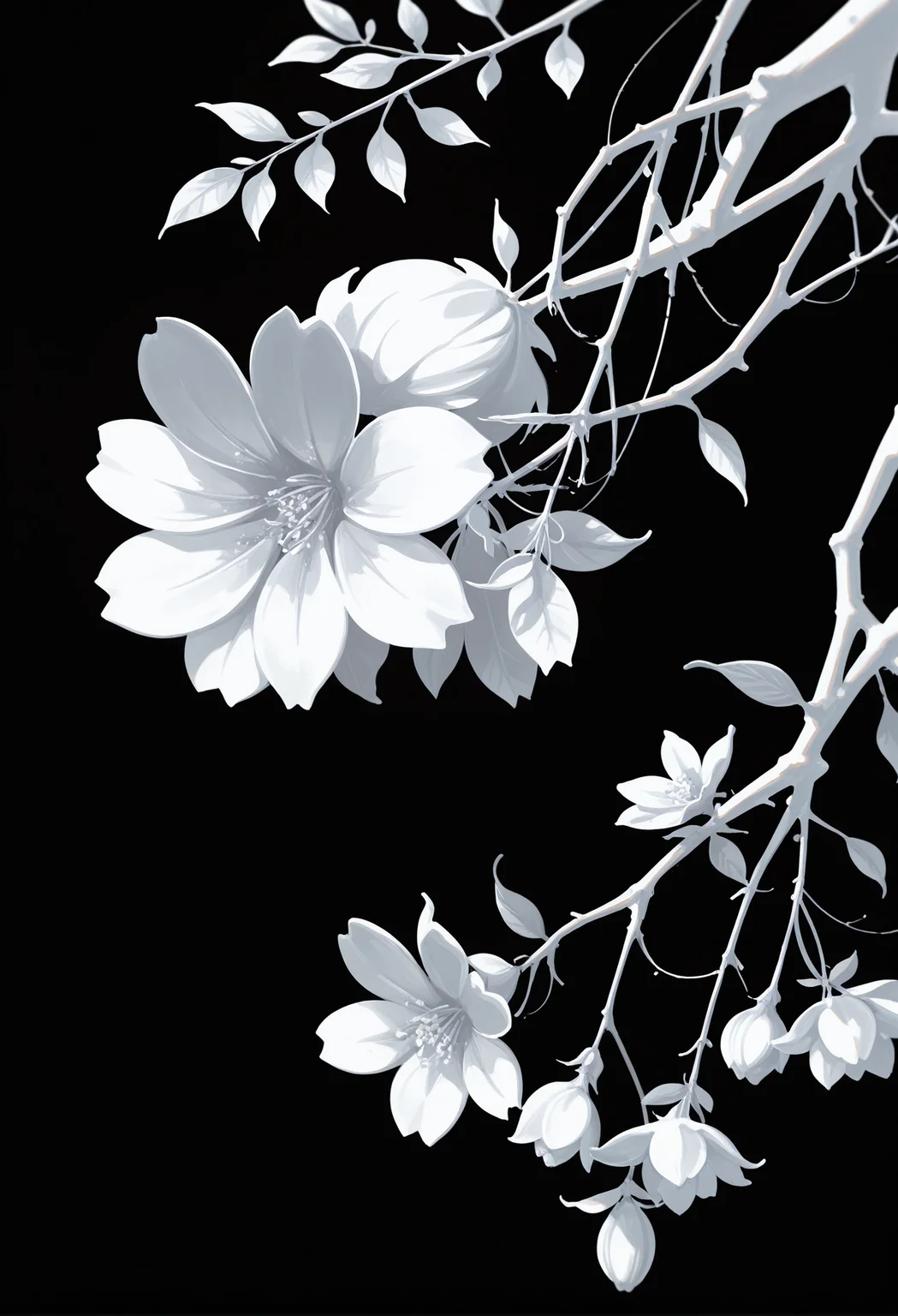 masterpiece, best quality, newest, highres, absurdres,focused subject,no lineart, no outline, detailed, simple background, flower, no humans, leaf, white flower, plant, black background, branch, still life, bud, (monochrome, negative space, blending, white theme, minimalism),three quarter view,depth of field,scenery